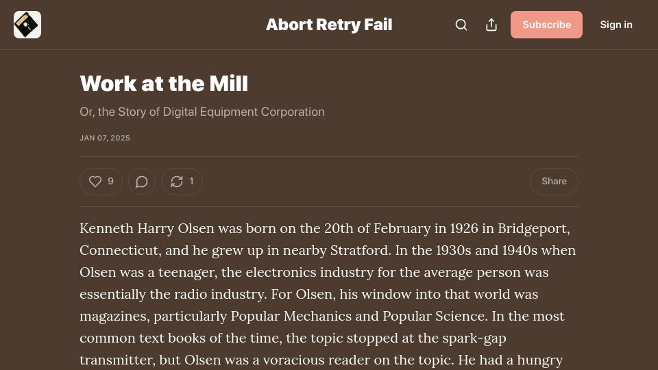 Screenshot of abortretry.fail: Work at the Mill Or, the Story of Digital Equipment Corporation