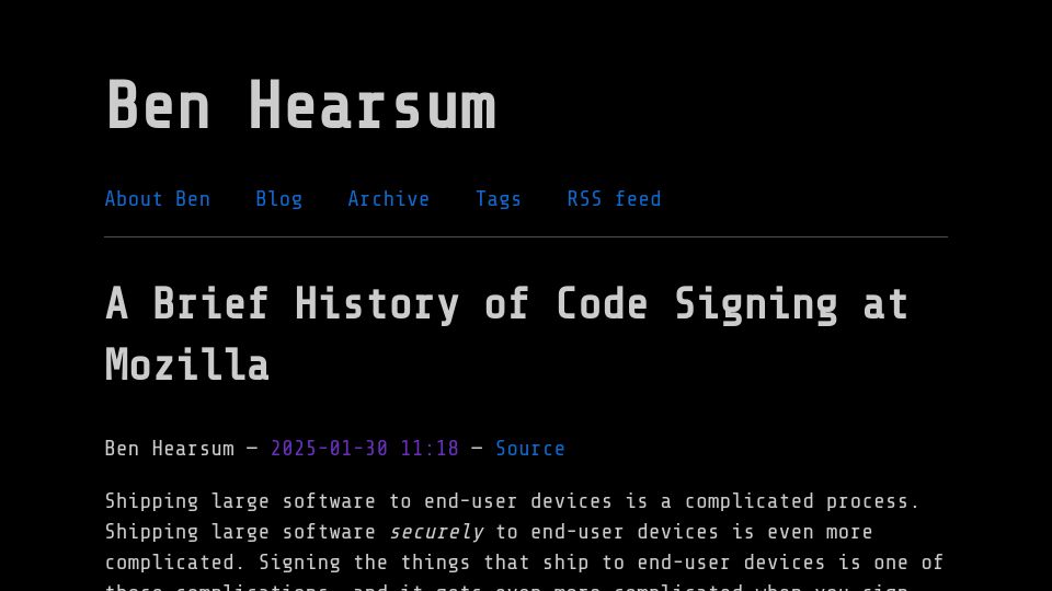 Screenshot of hearsum.ca: A brief history of code signing at Mozilla