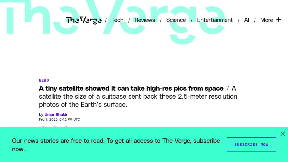 Screenshot of theverge.com: A tiny satellite showed it can take high-res pics from space
