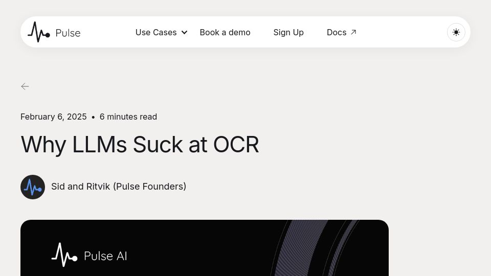 Screenshot of runpulse.com: Why LLMs still have problems with OCR