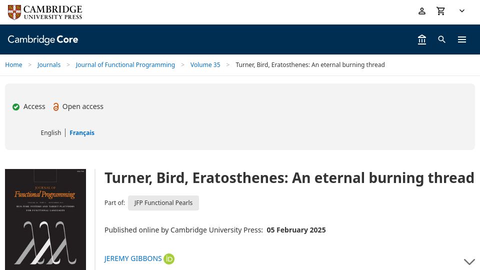 Screenshot of cambridge.org: Turner, Bird, Eratosthenes: An eternal burning thread