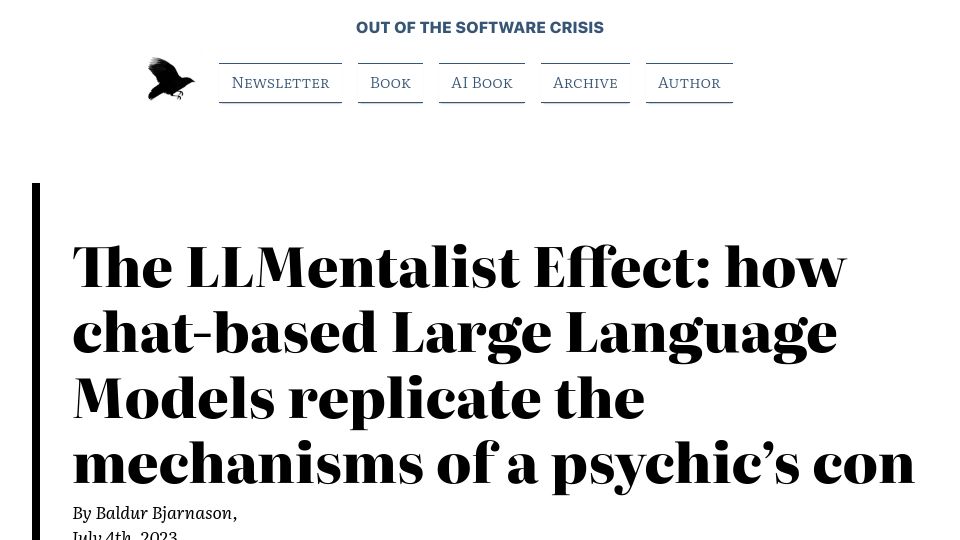 Screenshot of softwarecrisis.dev: The LLMentalist Effect