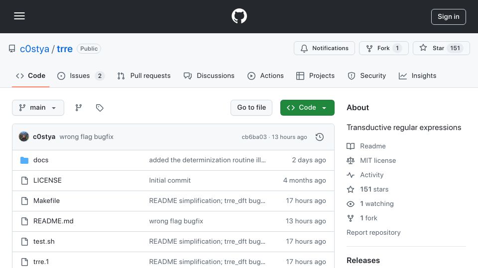 Screenshot of github.com: Show HN: Transductive regular expressions for text editing