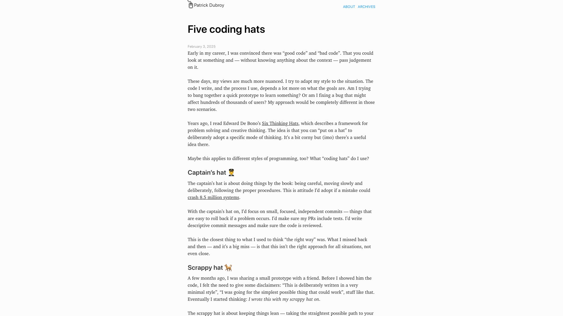 Screenshot of dubroy.com: Five coding hats