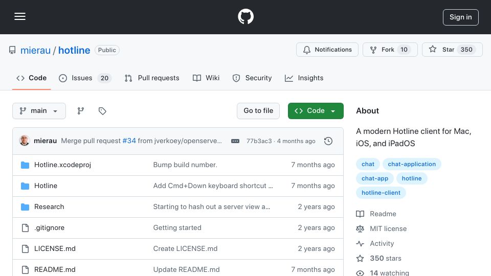 Screenshot of github.com: Hotline for modern Apple systems