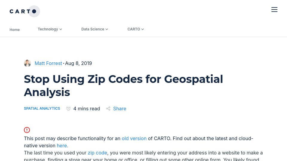 Screenshot of carto.com: Stop using zip codes for geospatial analysis (2019)