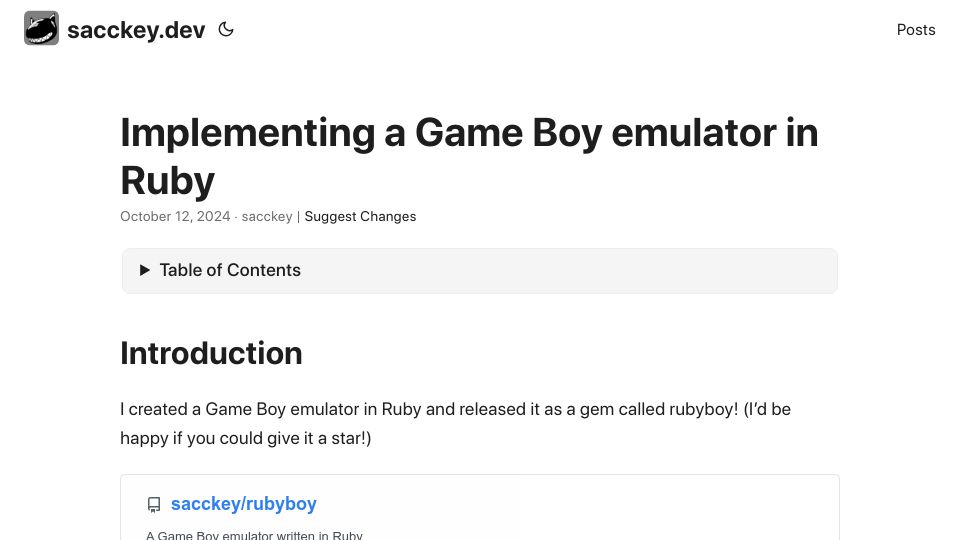 Screenshot of sacckey.dev: Implementing a Game Boy emulator in Ruby