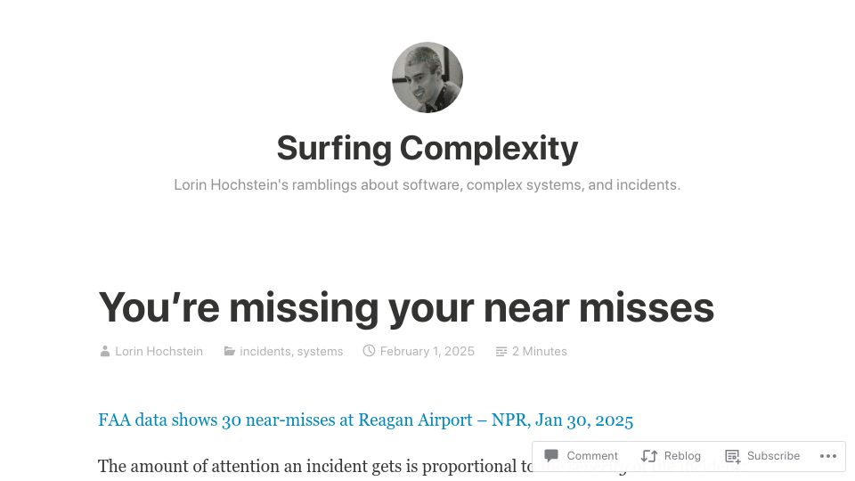 Screenshot of surfingcomplexity.blog: You're missing your near misses