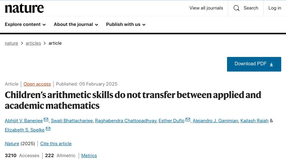 Screenshot of nature.com: Children's arithmetic skills do not transfer between applied and academic math
