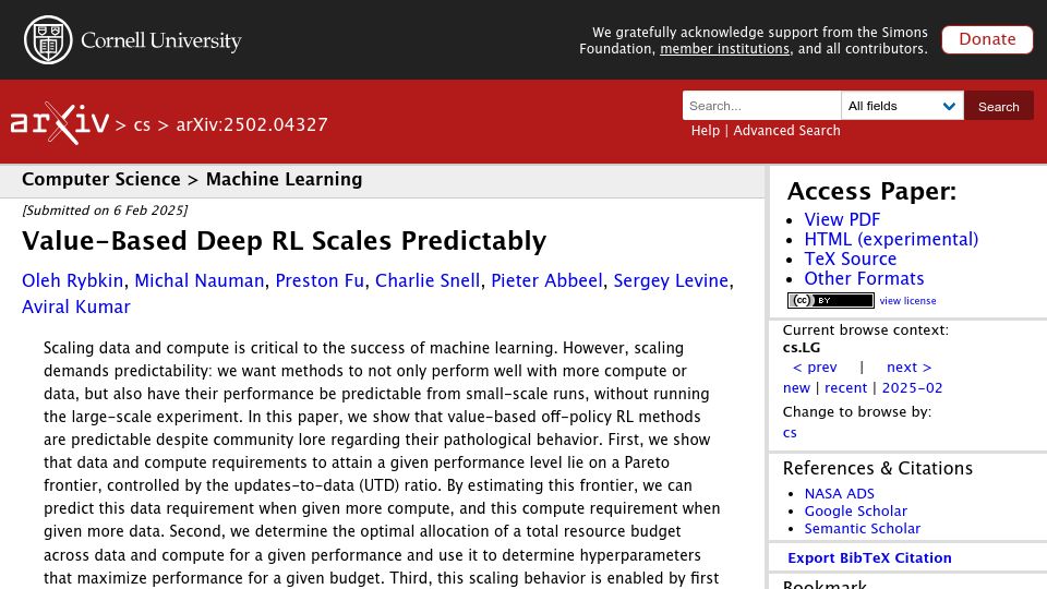 Screenshot of arxiv.org: Value-Based Deep RL Scales Predictably