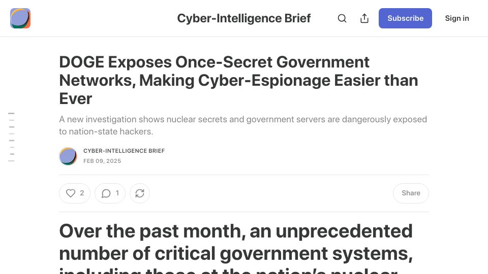 Screenshot of cyberintel.substack.com: DOGE Exposes Once-Secret Government Networks, Making Cyber-Espionage Easier Than