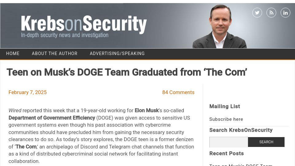 Screenshot of krebsonsecurity.com: Teen on Musk's DOGE team graduated from 'The Com'