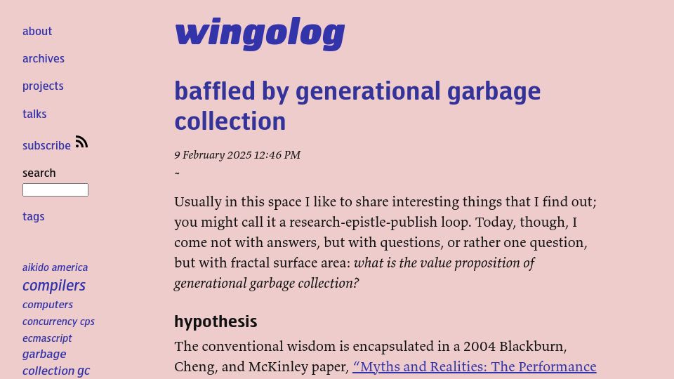 Screenshot of wingolog.org: Baffled by generational garbage collection – wingolog