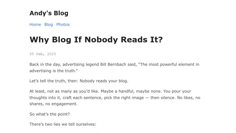 Screenshot of andysblog.uk: Why blog if nobody reads it?