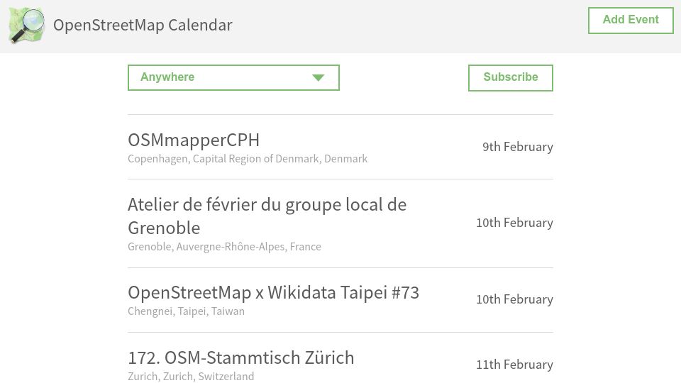Screenshot of osmcal.org: OpenStreetMap Calendar