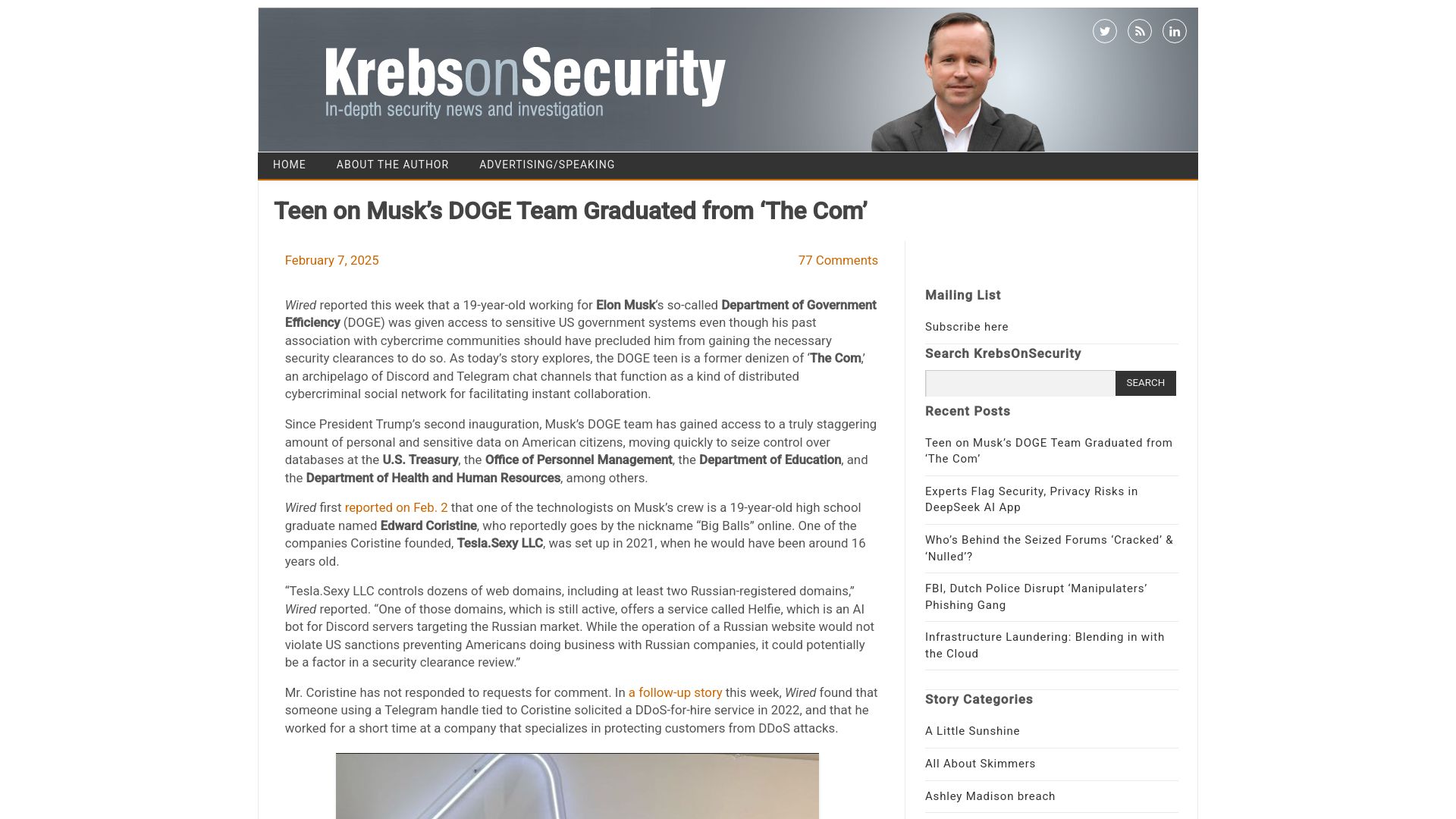 Screenshot of krebsonsecurity.com: Teen on Musk's DOGE Team Graduated from 'The Com'