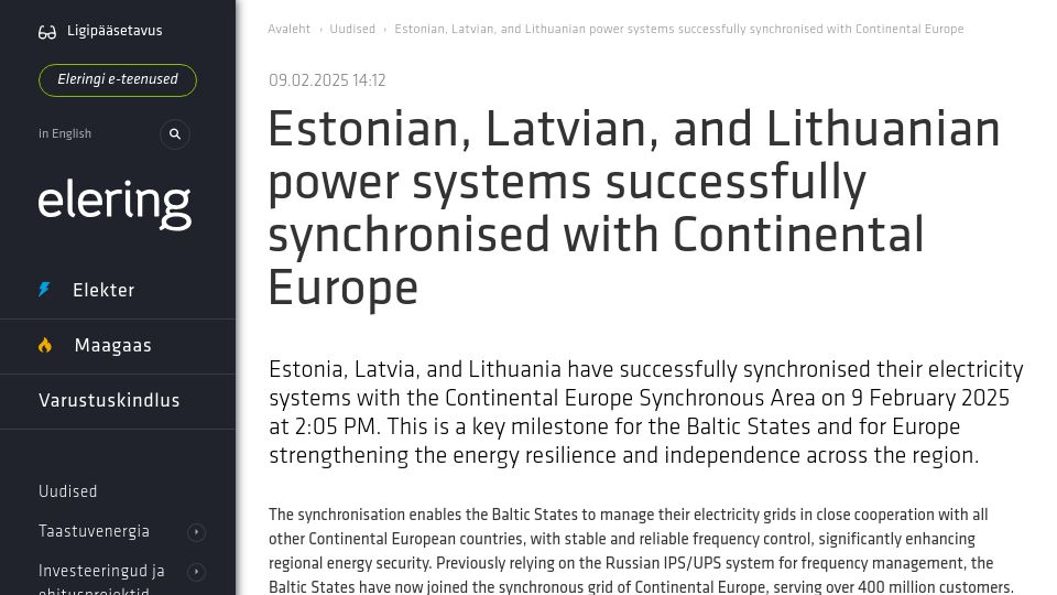 Screenshot of elering.ee: Estonian, Latvian, and Lithuanian power systems synchronised with Europe