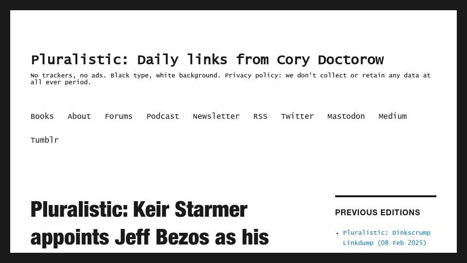 Screenshot of pluralistic.net: Keir Starmer appoints Jeff Bezos as his "first buddy"