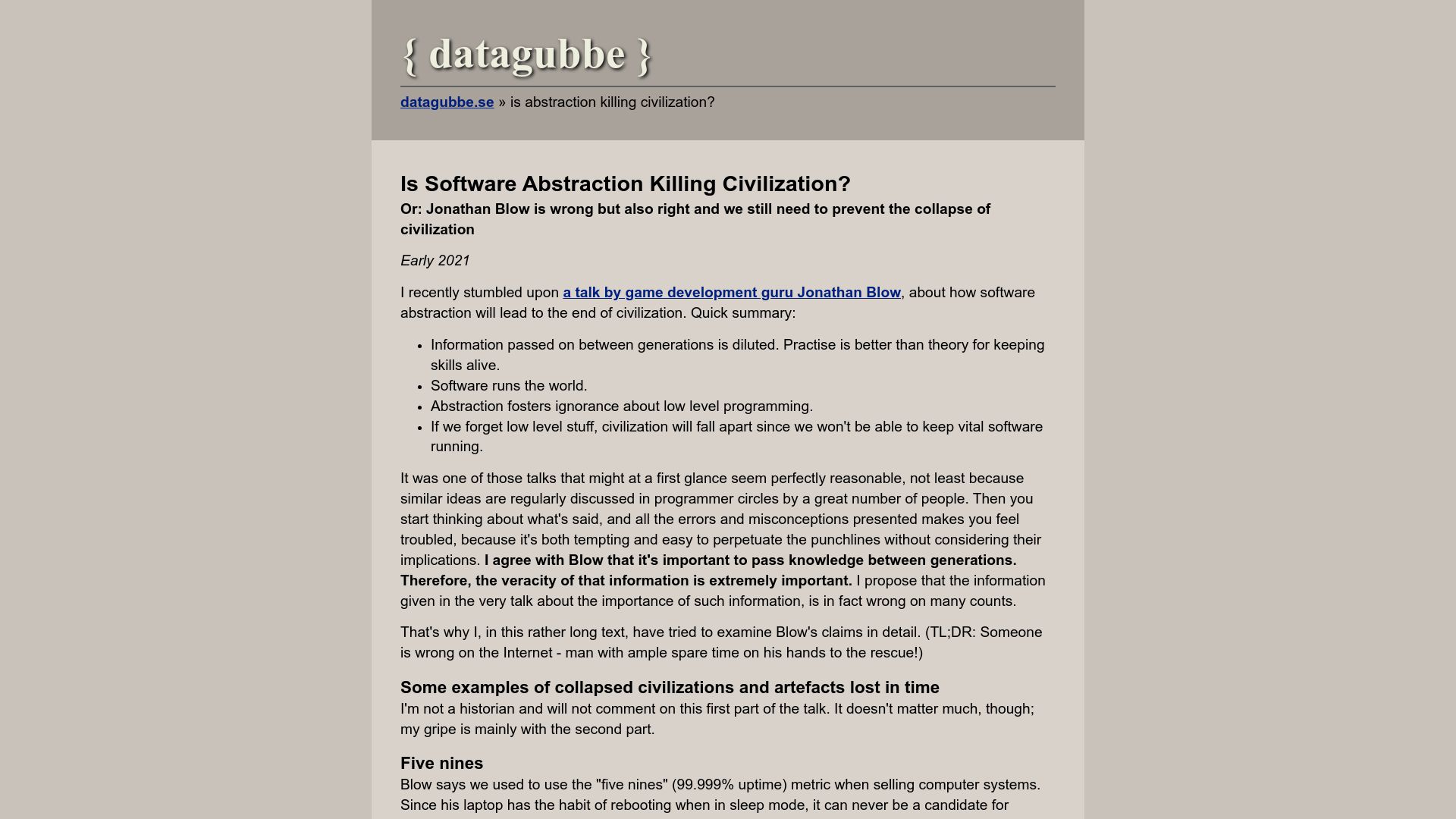 Screenshot of datagubbe.se: Is software abstraction killing civilization? (2021)