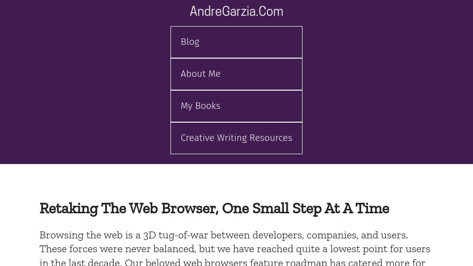 Screenshot of andregarzia.com: Retaking the web browser, one small step at a time