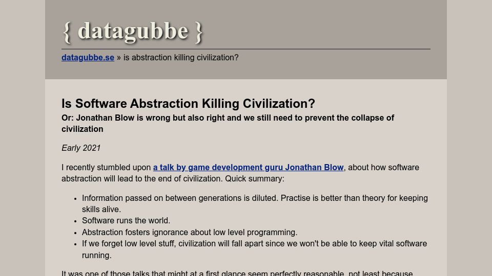Screenshot of datagubbe.se: Is software abstraction killing civilization? (2021)
