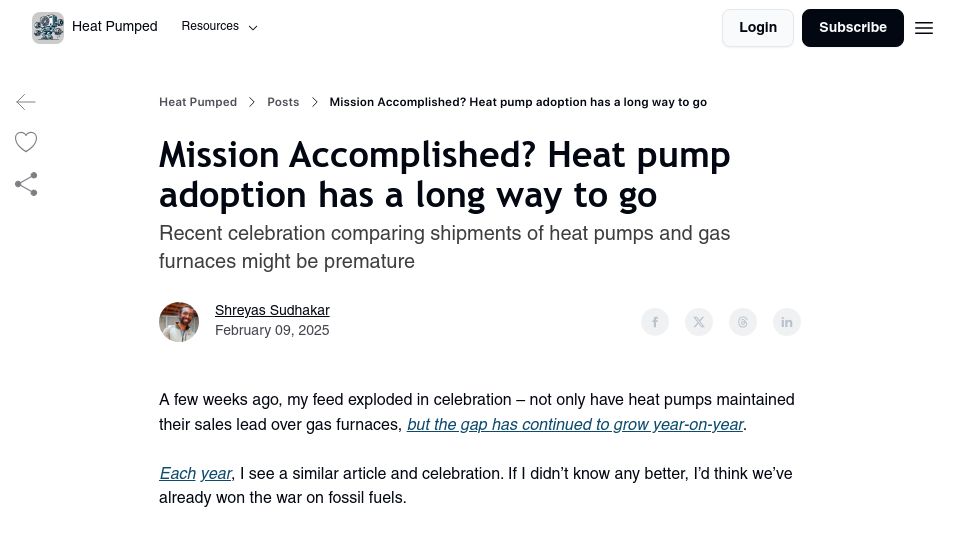 Screenshot of heatpumped.org: Mission Accomplished? Heat pump adoption has a long way to go