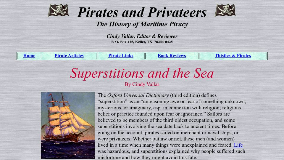 Screenshot of cindyvallar.com: Pirates and Privateers – Superstitions and the Sea (2007)