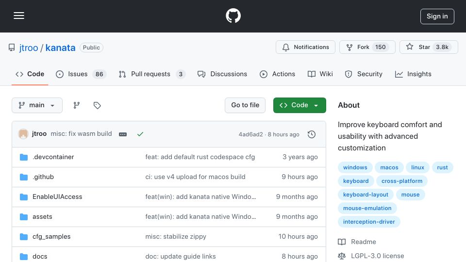 Screenshot of github.com: Kanata: Cross-platform multi-layer keyboard remapper with advanced customization