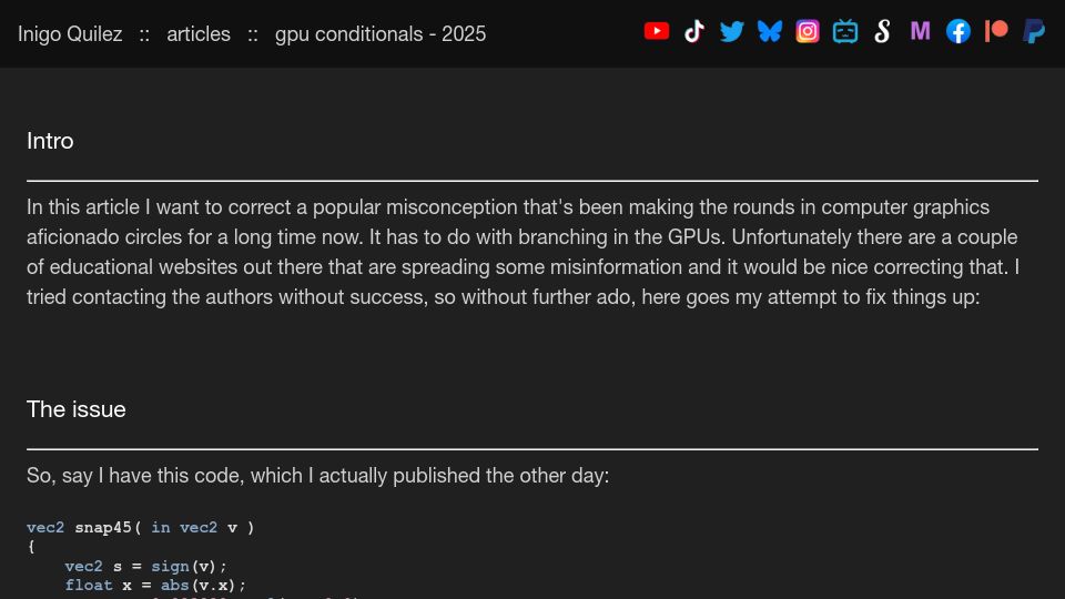 Screenshot of iquilezles.org: Don't "optimize" conditional moves in shaders with mix()+step()