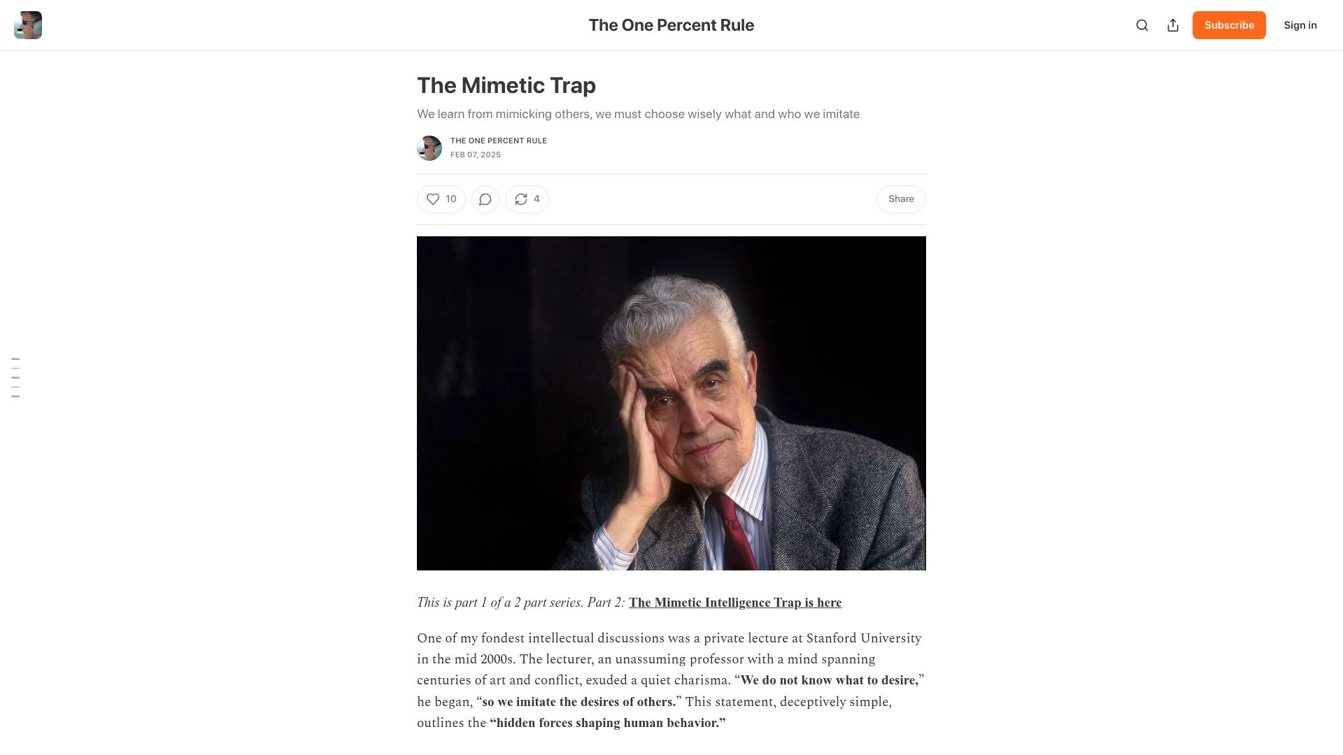 Screenshot of onepercentrule.substack.com: René Girard and the Mimetic Trap