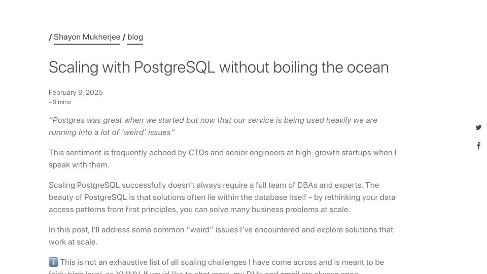 Screenshot of shayon.dev: Scaling with PostgreSQL without boiling the ocean