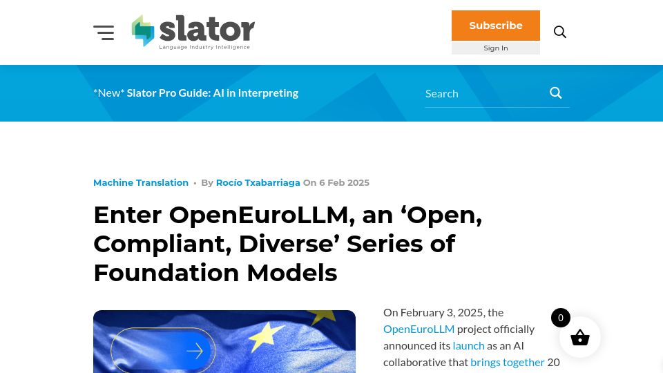Screenshot of slator.com: OpenEuroLLM, an 'open, compliant, diverse' series of foundation models