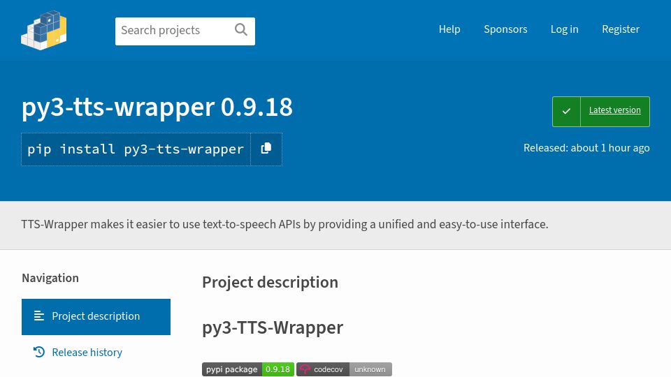 Screenshot of pypi.org: One Text to Speech wrapper for Python for all (?) TTS engines