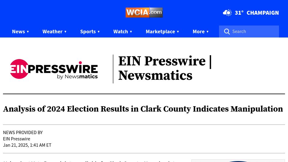 Screenshot of wcia.com: Analysis of 2024 Election Results in Clark County Indicates Manipulation