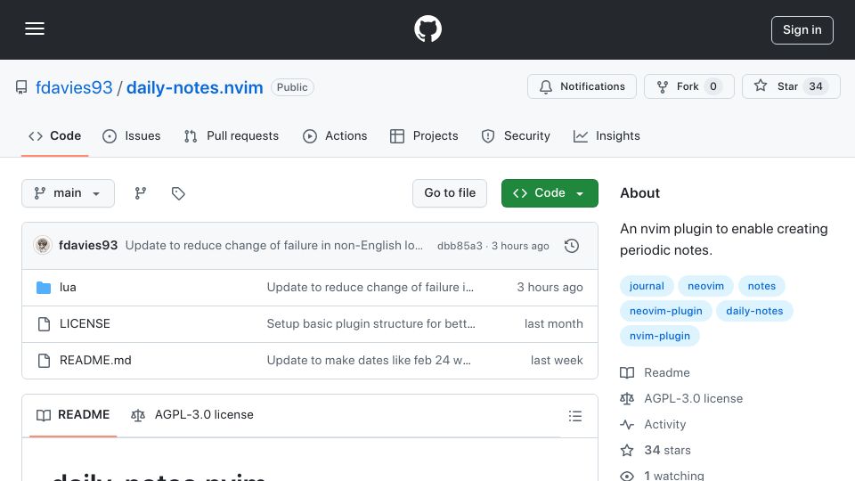 Screenshot of github.com: Show HN: Daily-notes.nvim – fuzzy time journal and planning plugin