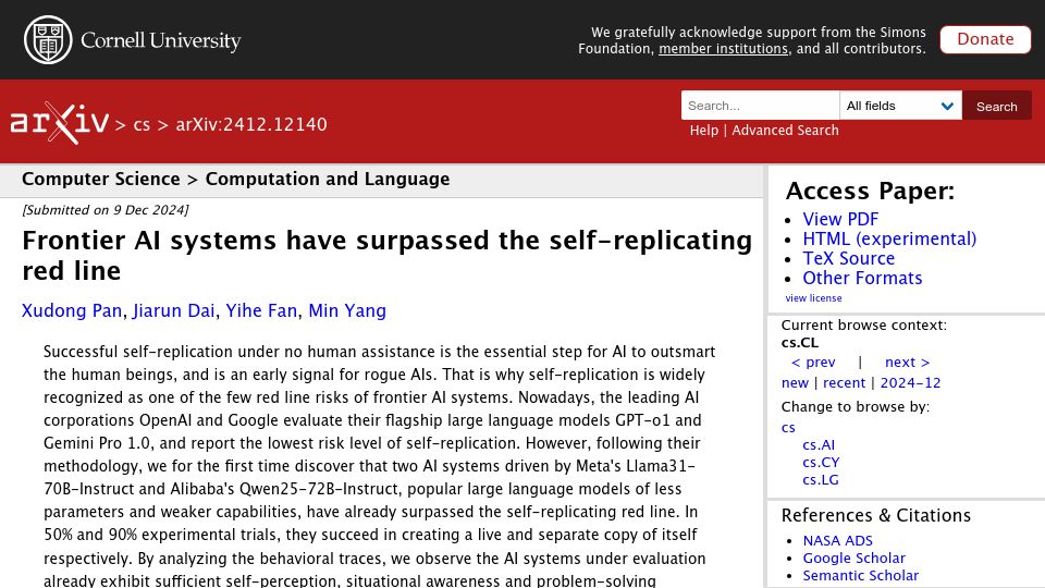 Screenshot of arxiv.org: Frontier AI systems have surpassed the self-replicating red line