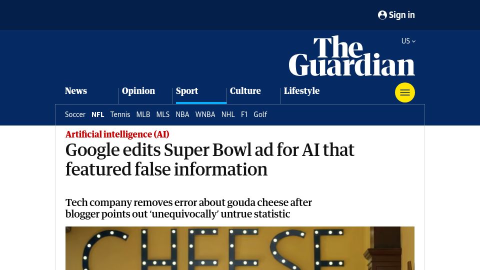 Screenshot of theguardian.com: Google edits Super Bowl ad for AI that featured false information