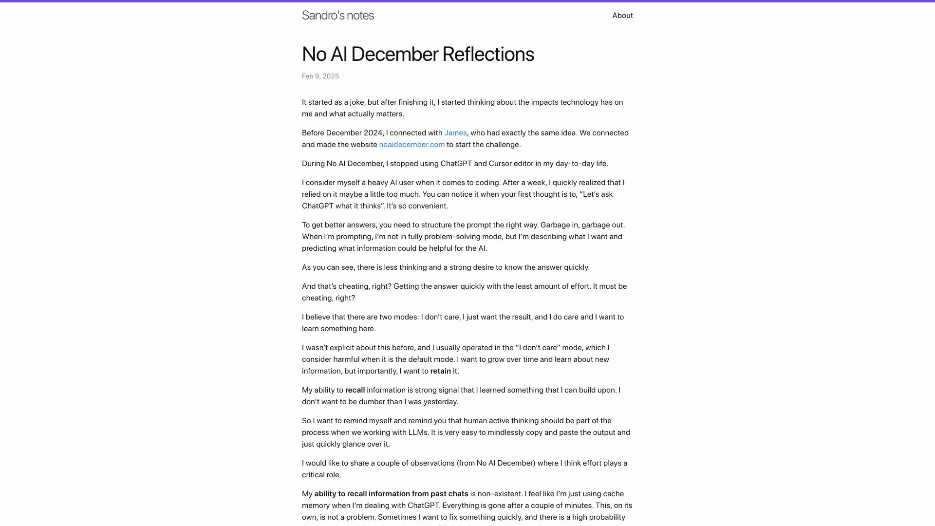 Screenshot of blog.rybarix.com: No AI December Reflections