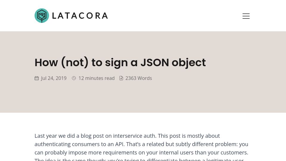 Screenshot of latacora.com: How (not) to sign a JSON object (2019)