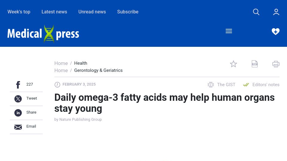 Screenshot of medicalxpress.com: Daily omega-3 fatty acids may help human organs stay young