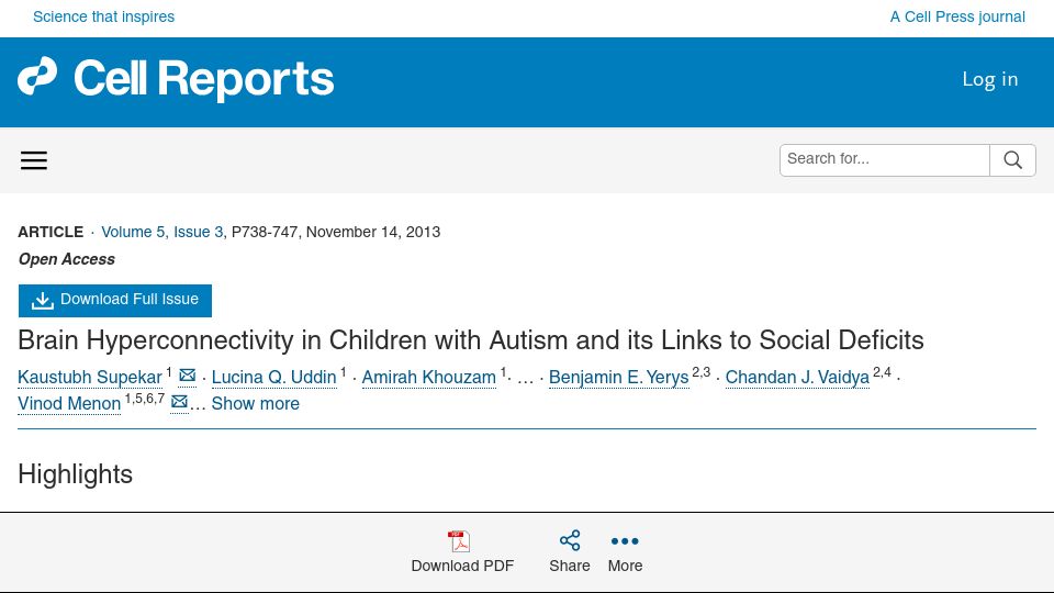 Screenshot of cell.com: Brain Hyperconnectivity in Children with Autism and Its Links to Social Deficits (2013)