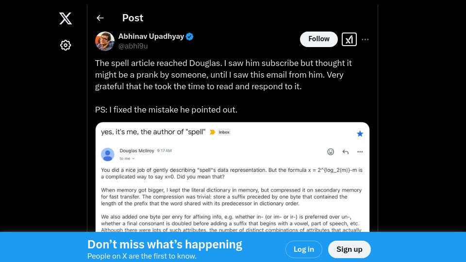 Screenshot of twitter.com: Douglas McIlroy responds to Unix spell article with new implementation details