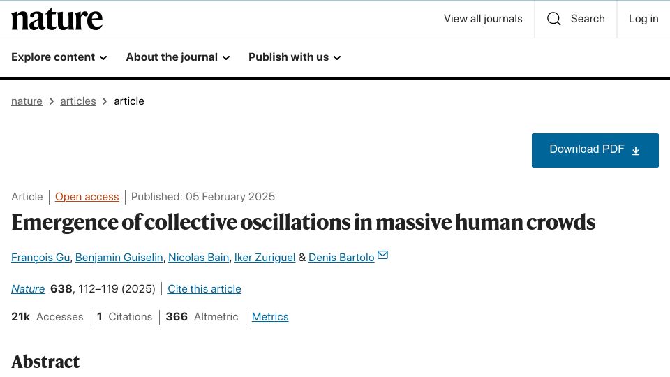Screenshot of nature.com: Emergence of collective oscillations in human crowds