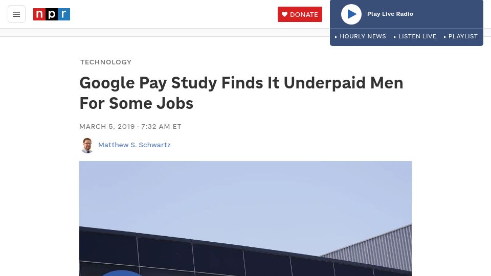 Screenshot of npr.org: Google Pay Study Finds It Underpaid Men for Some Jobs (2019)