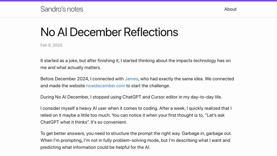 Screenshot of blog.rybarix.com: No AI December Reflections