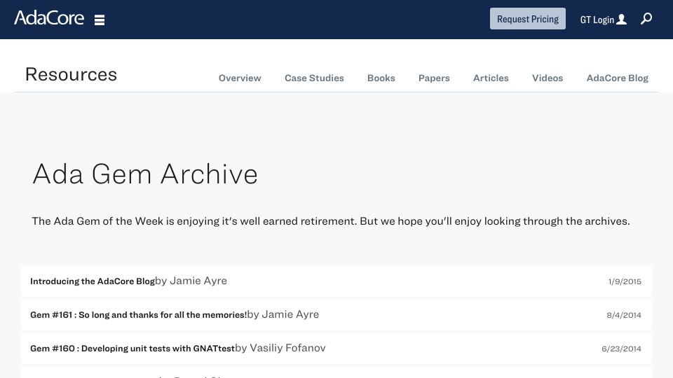 Screenshot of adacore.com: Ada Gems (2014)