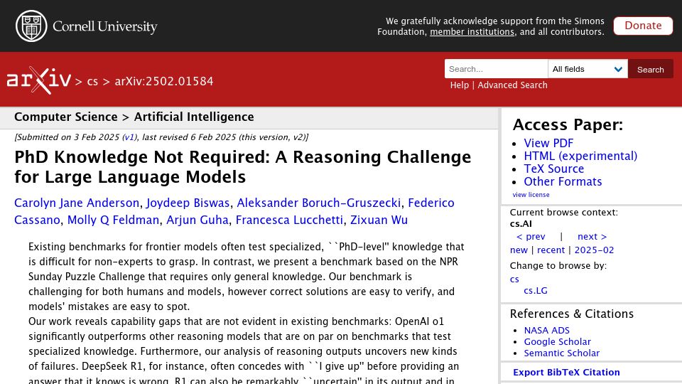 Screenshot of arxiv.org: PhD Knowledge Not Required: A Reasoning Challenge for Large Language Models