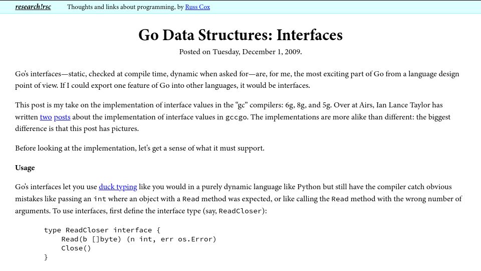 Screenshot of research.swtch.com: Go Data Structures: Interfaces (2009)