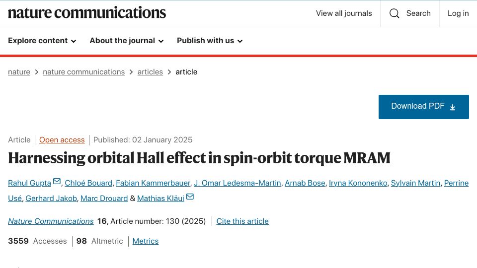 Screenshot of nature.com: Harnessing orbital Hall effect in spin-orbit torque MRAM