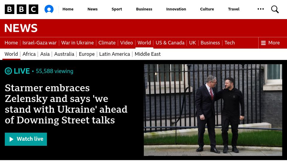 Screenshot of bbc.com: 'We stand with Ukraine for as long as it may take' – Keir Starmer tells Zelensky